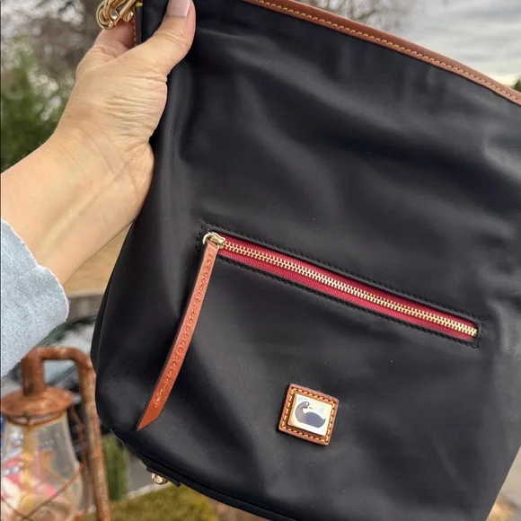 Dooney & Bourke Black with Brown Nylon Crossbody Hobo Bag.   NWOT - Picture 2 of 10